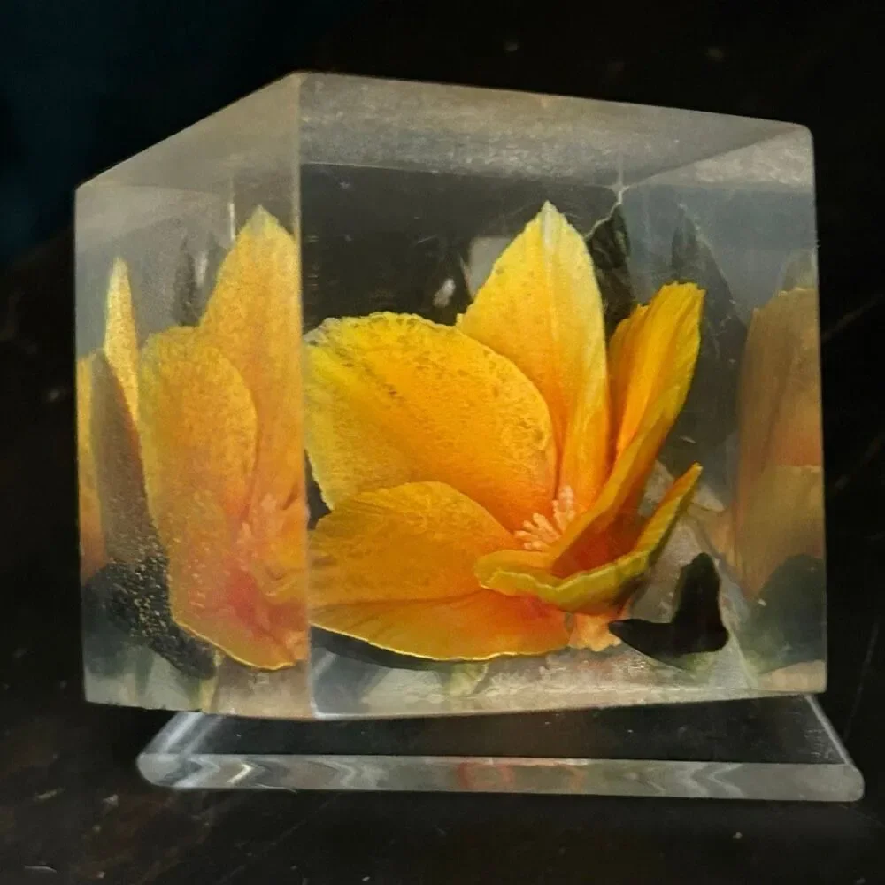 Vintage Russ Berrie Acrylic Yellow Flower Footed Cube Paperweight Imperfect